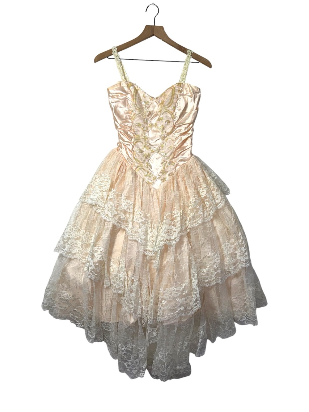 Vintage 80s ZumZum Union Made Tiered Lace Corset Gown Satin Dress Renfaire Fairy